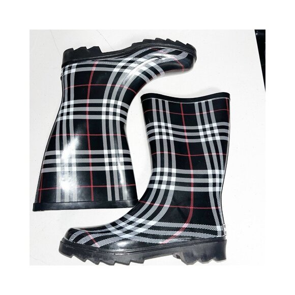 Aqua Stop Womens Pre-owned Waterproof Black/White/Red Plaid Rain Boots - sz. 8M - Picture 3 of 7